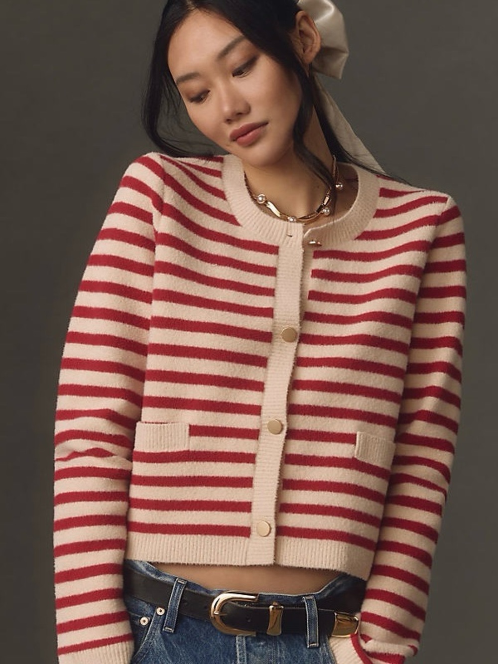 Anthropologie NVLT | Red Cream Striped Lady Jacket Cardigan Sweater ~ Medium - Picture 2 of 10